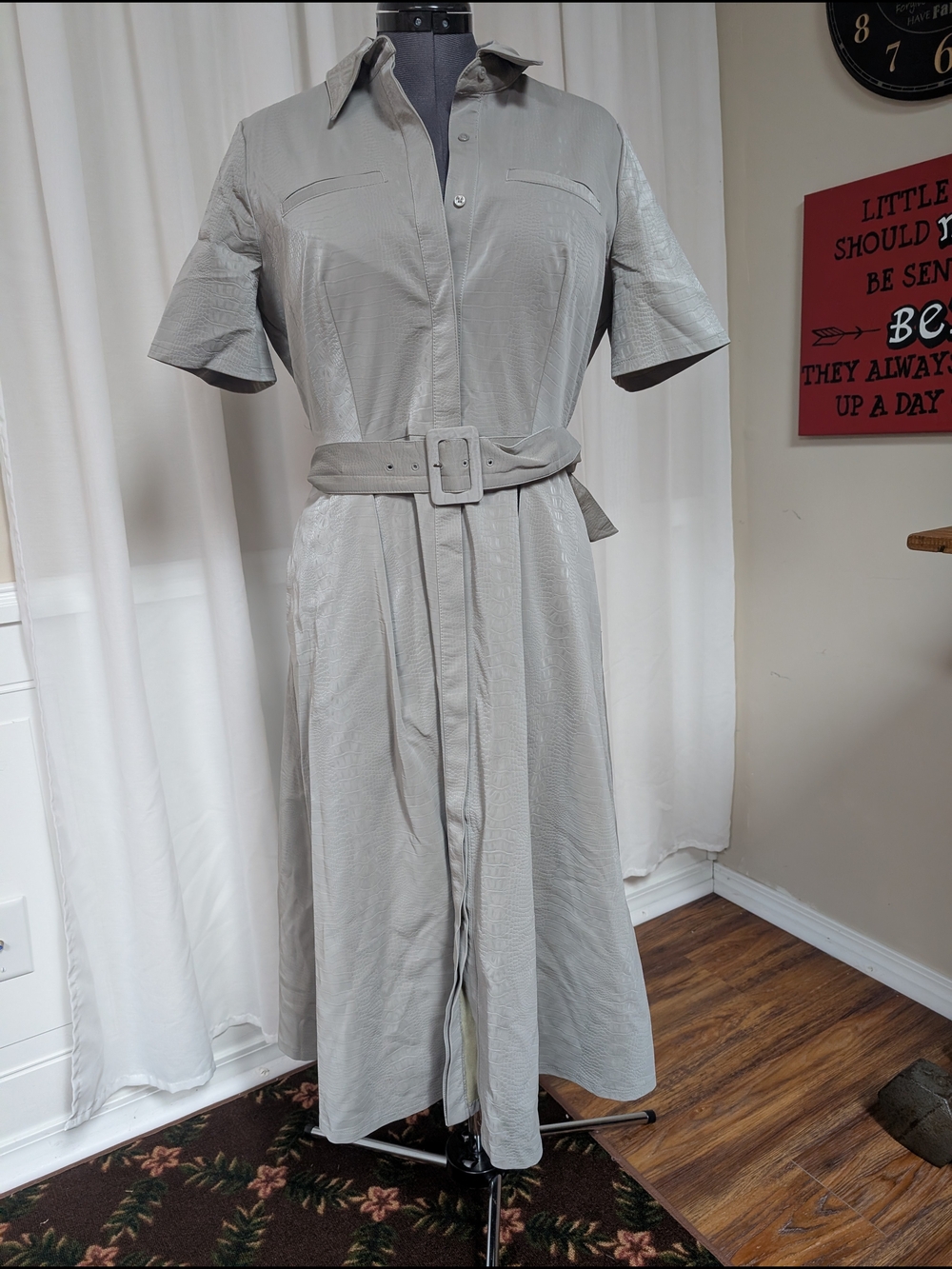 Alfani Light Gray Belted Shirt Midi Dress